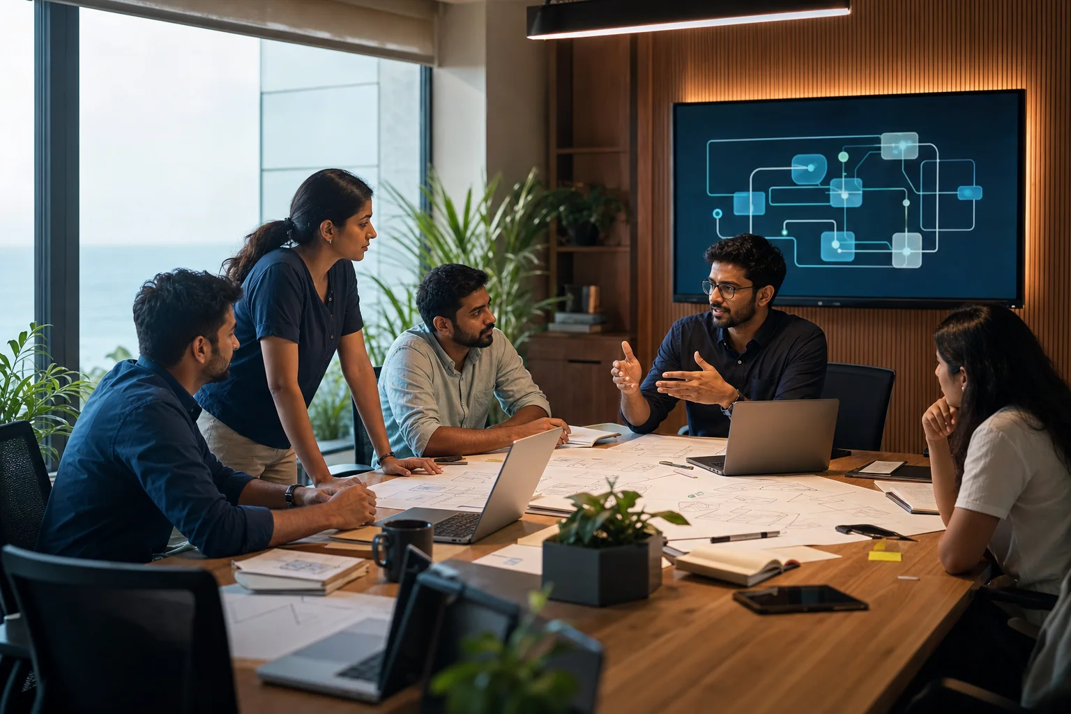 Indian technology team discussing software architecture